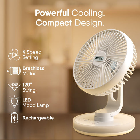 Alpha Desktop Fan with Light, 6 Inches, 4 Speeds, Oscillating Table Fan, Brushless Motor, Wide Angle Adjustment, USB Rechargeable,  Ultra Quiet, Personal Mini Fan for Home Office Bedroom, White